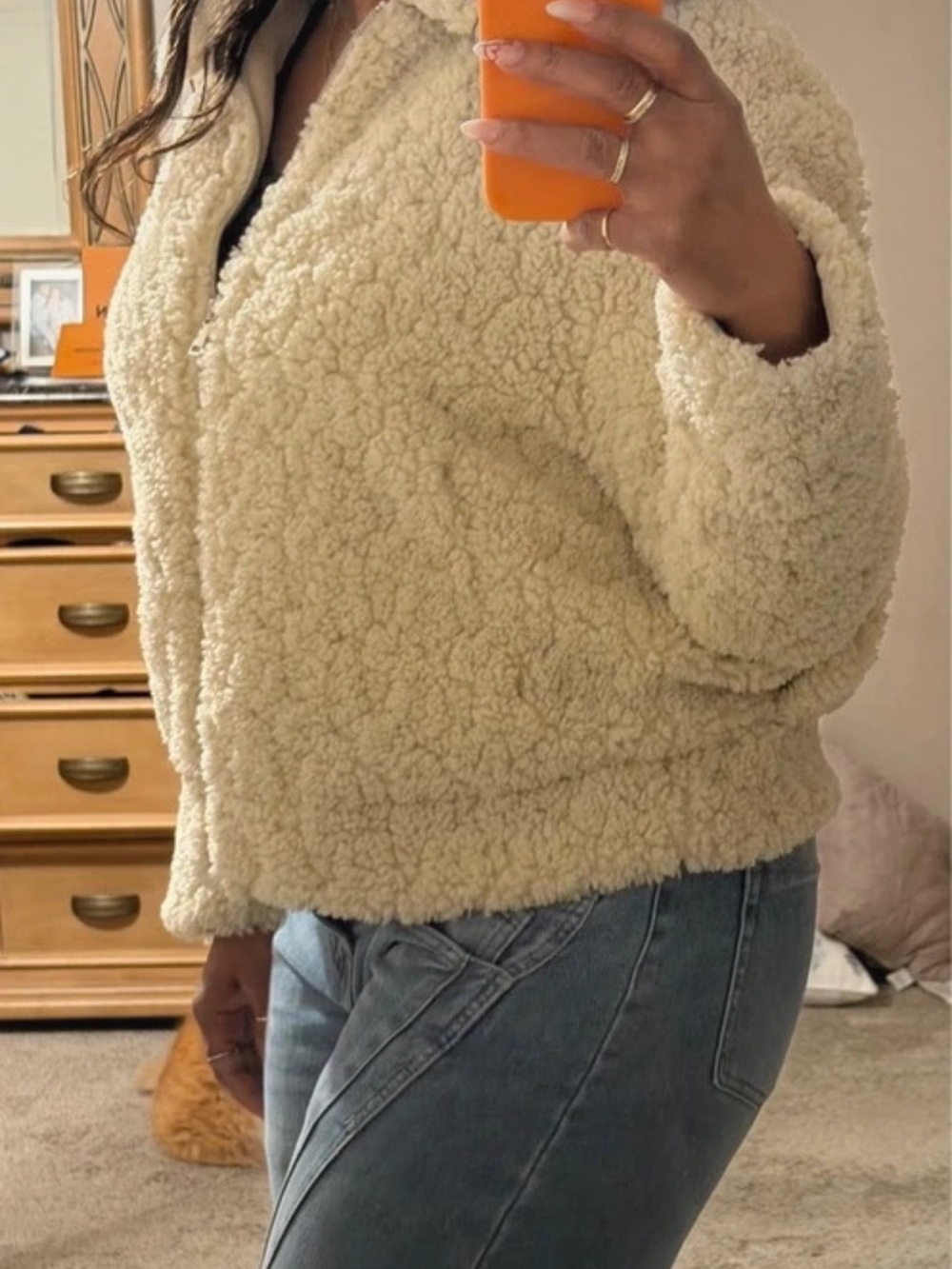 Zara Cream Faux Fur Teddy Sherpa Zip Jacket
